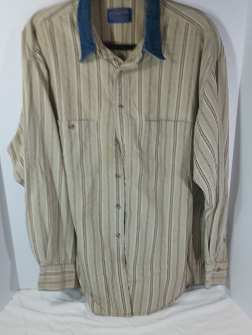 Pendleton Beige Striped Button-Down Shirt with Blue Collar
